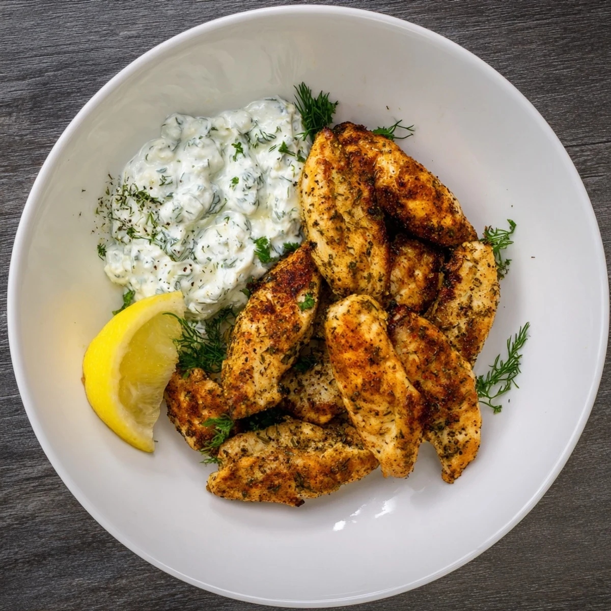 Golden pan-seared Mediterranean chicken tenders served with creamy lemon garlic yogurt dipping sauce