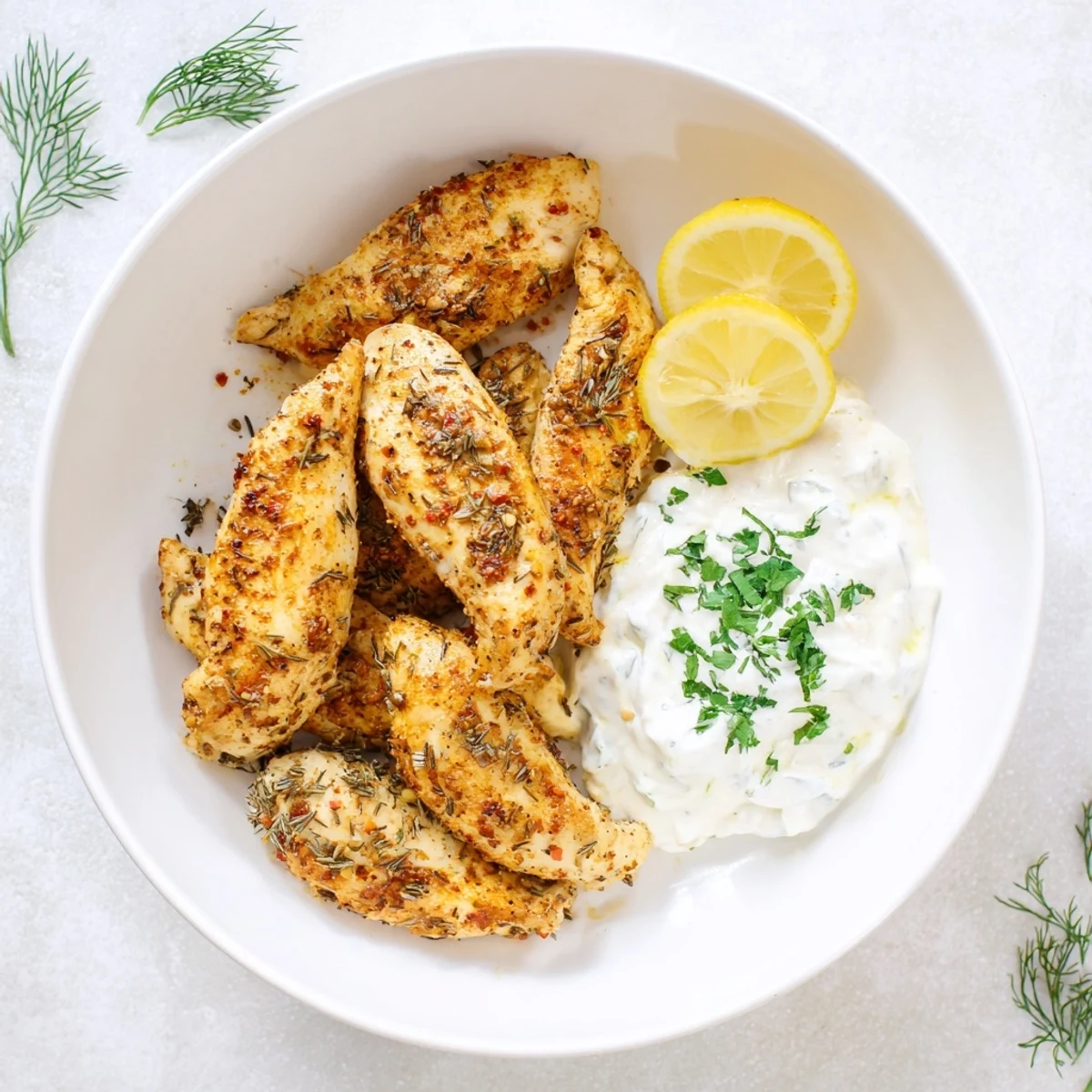 Crispy golden brown Mediterranean chicken strips alongside cool Greek yogurt dip with dill and garlic