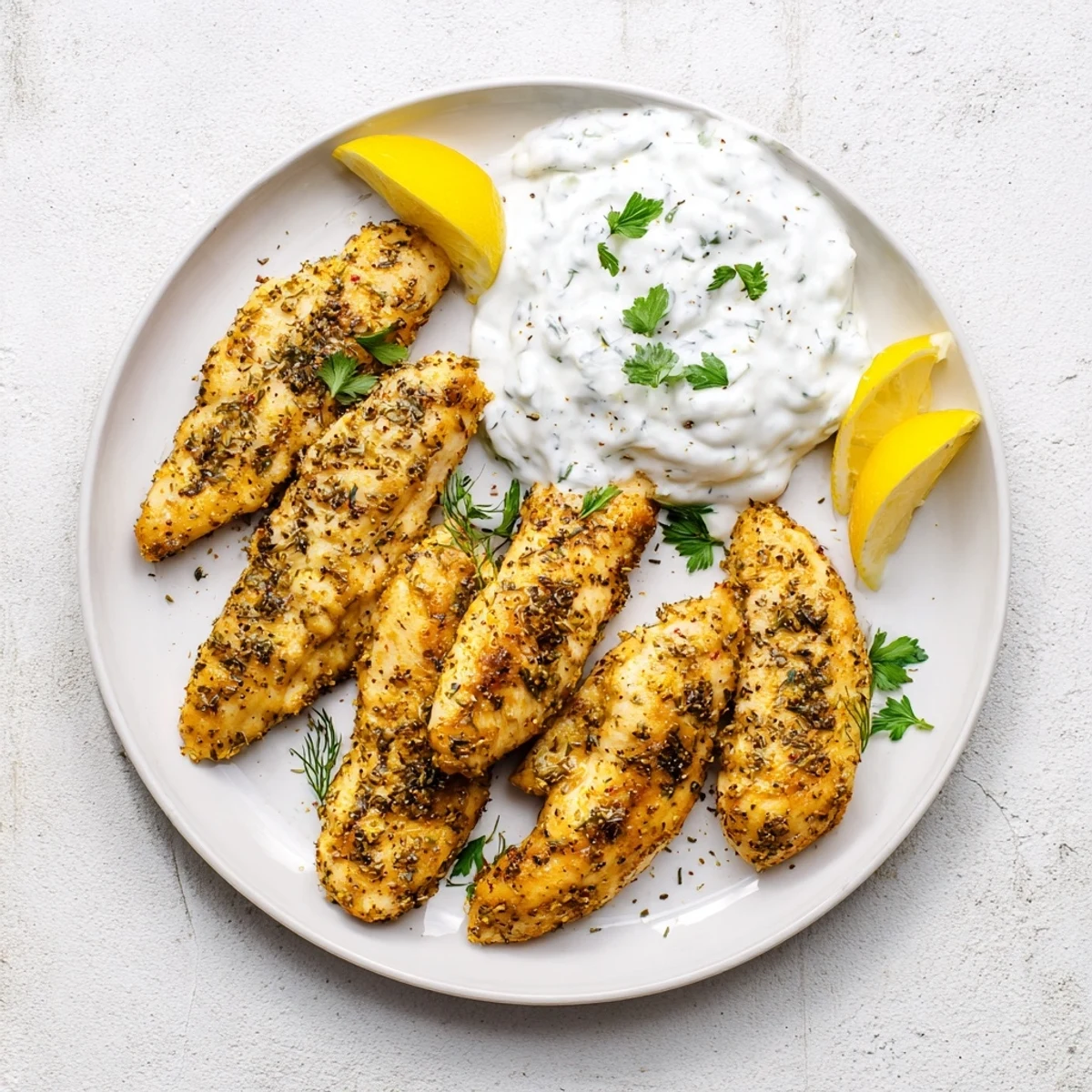 Juicy herb marinated chicken tenders arranged on plate with fresh parsley garnish and lemon wedges