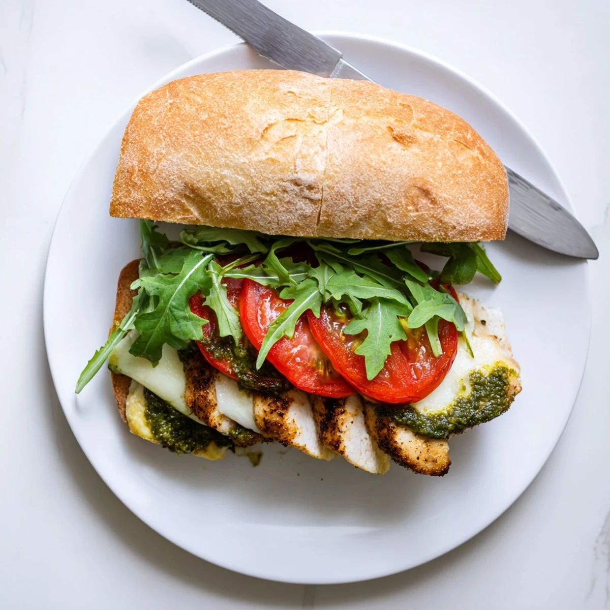 Close-up of chicken pesto sandwich revealing layers of juicy grilled meat, basil pesto spread, and crisp vegetables