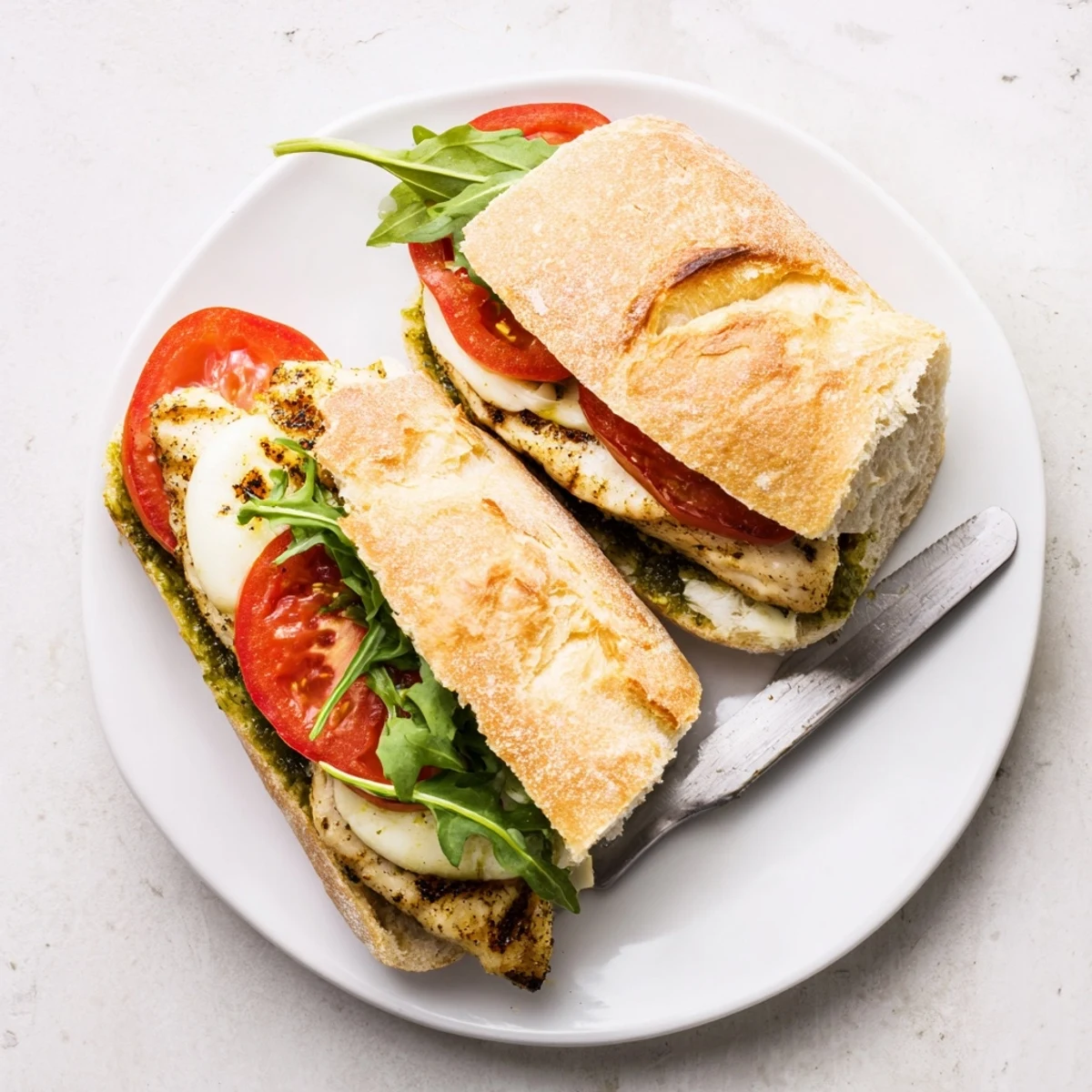Grilled chicken pesto sandwich on ciabatta roll with melted mozzarella, tomato slices, and fresh arugula piled high