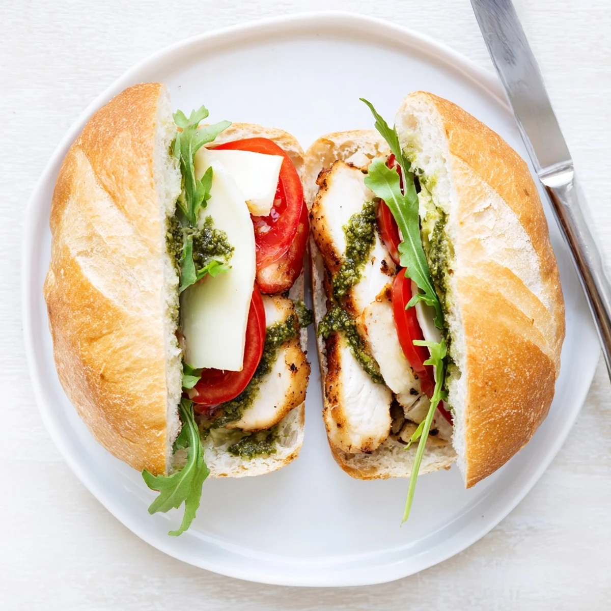 Toasted ciabatta chicken pesto sandwich cut in half showing succulent chicken breast with melting cheese and greens