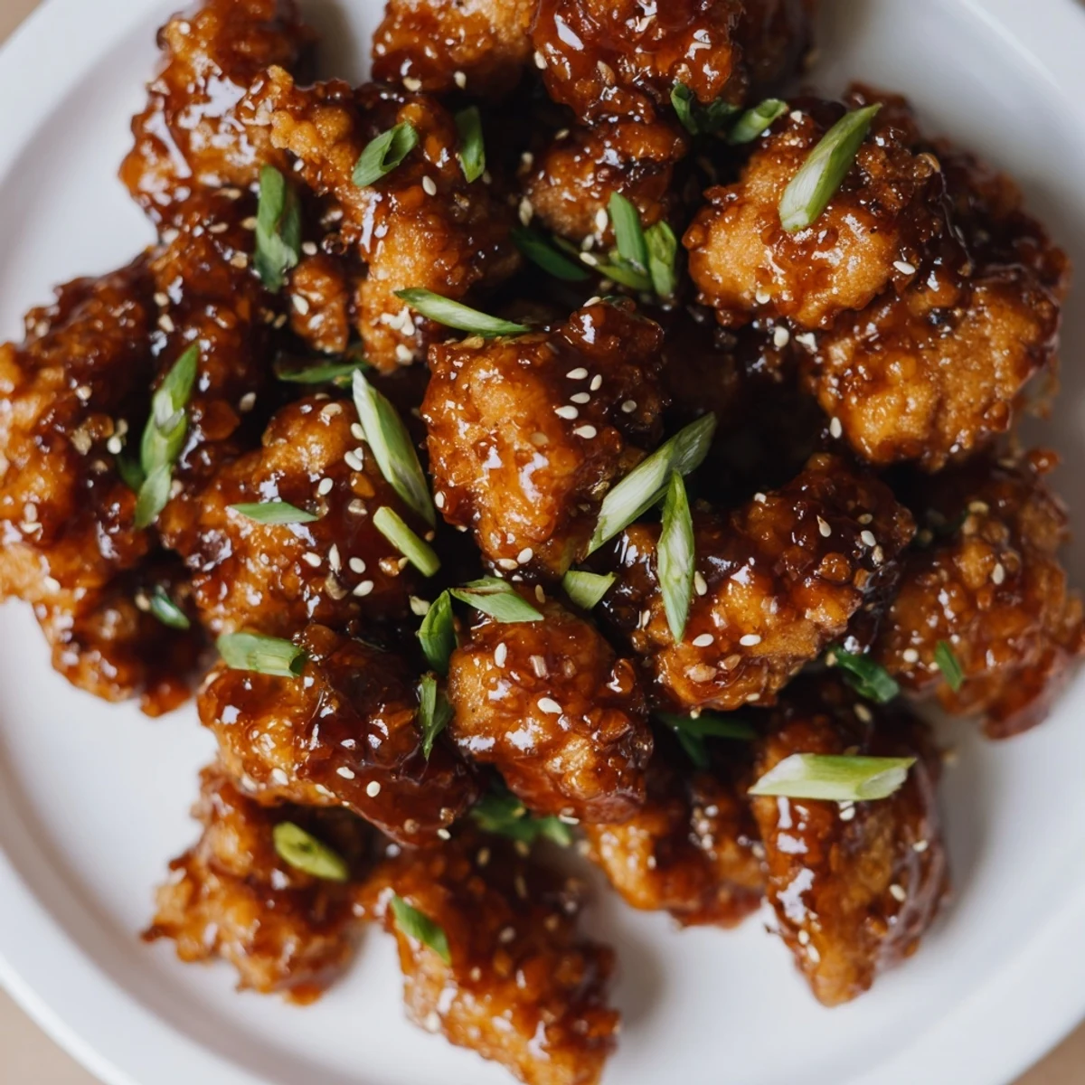 Golden brown chicken pieces coated in a sticky honey garlic sauce with sesame seeds