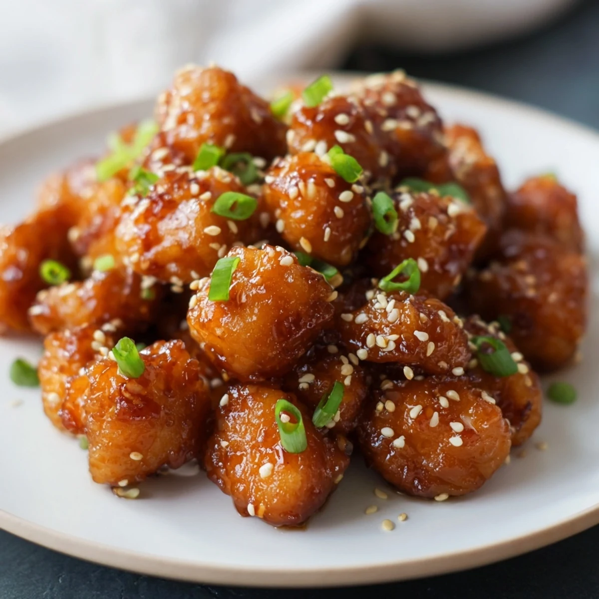 Tender glazed honey garlic chicken served over steamed rice with fresh green onion garnish