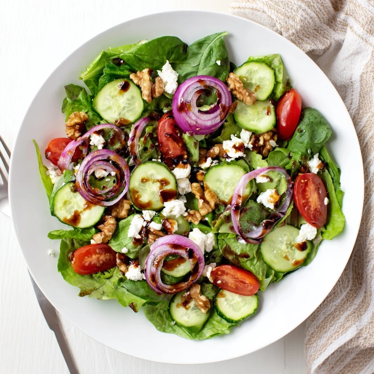 Fresh spring mix salad with cherry tomatoes and cucumber drizzled with balsamic honey dressing