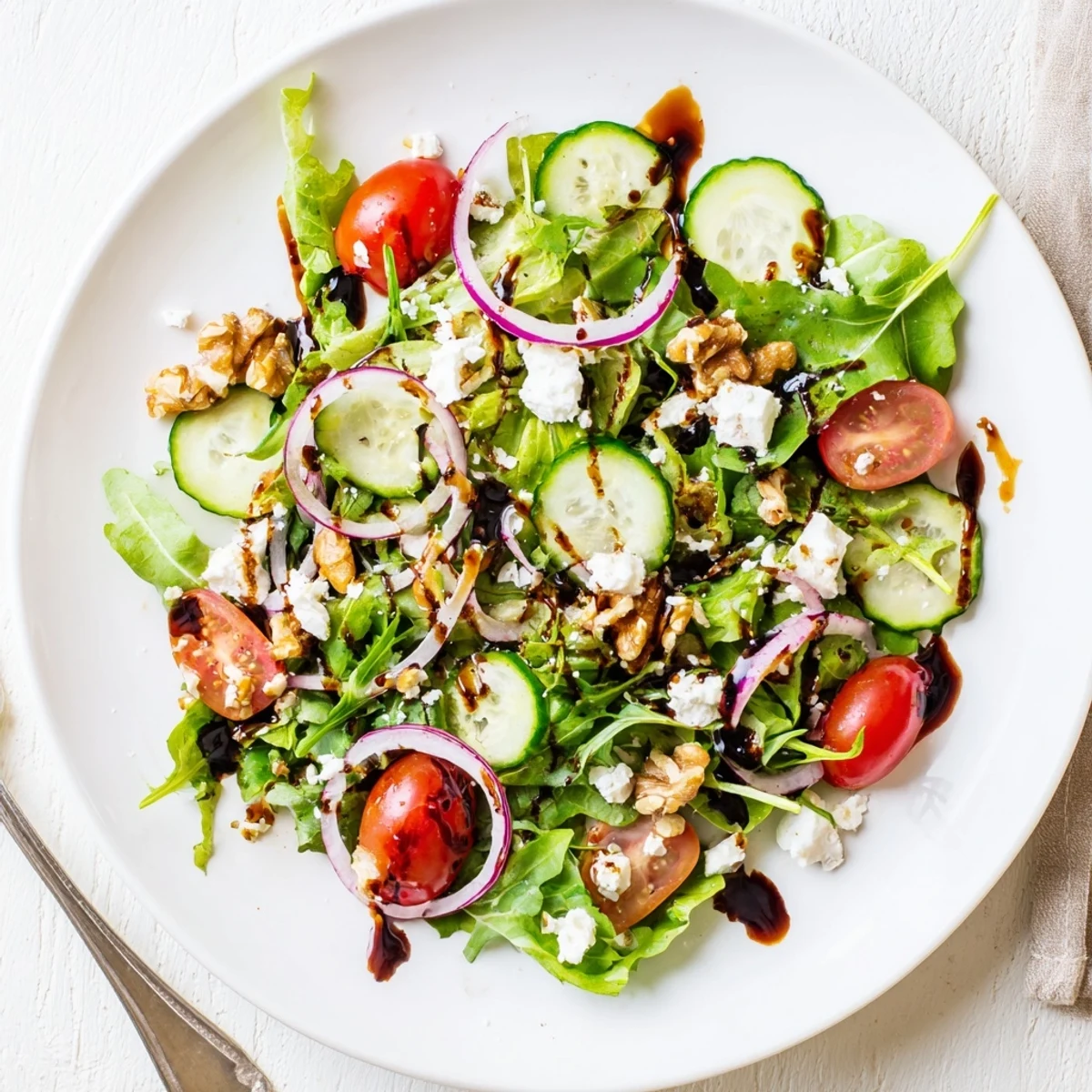 Light and refreshing spring mix salad topped with honey balsamic vinaigrette and vibrant garden vegetables