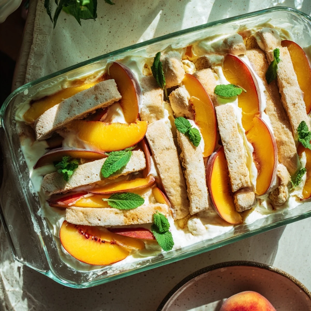 Summer peach tiramisu dessert featuring fresh peach slices and fluffy mascarpone cream topped with mint