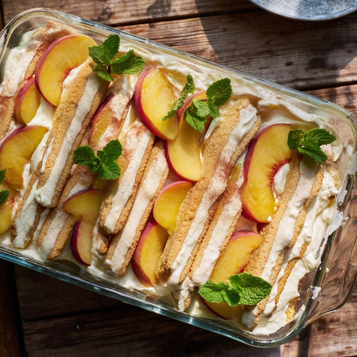 Peach tiramisu layered with golden peaches and creamy mascarpone in a glass serving dish