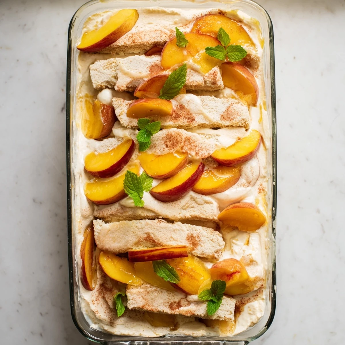 Creamy peach tiramisu arranged in layers with soaked ladyfingers and juicy ripe peach wedges