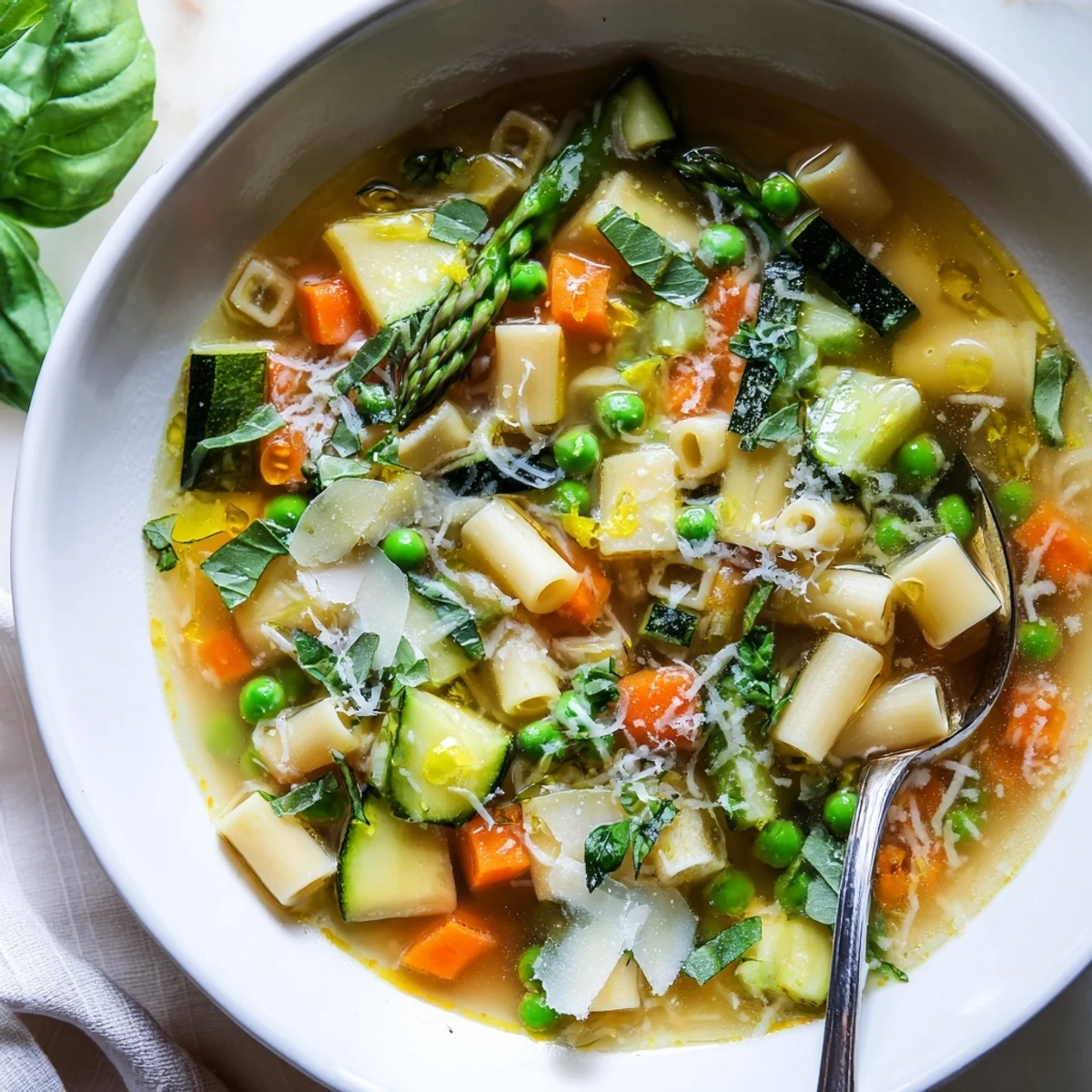 Homemade spring minestrone soup with seasonal vegetables including zucchini, carrots, and ditalini pasta garnished with fresh basil