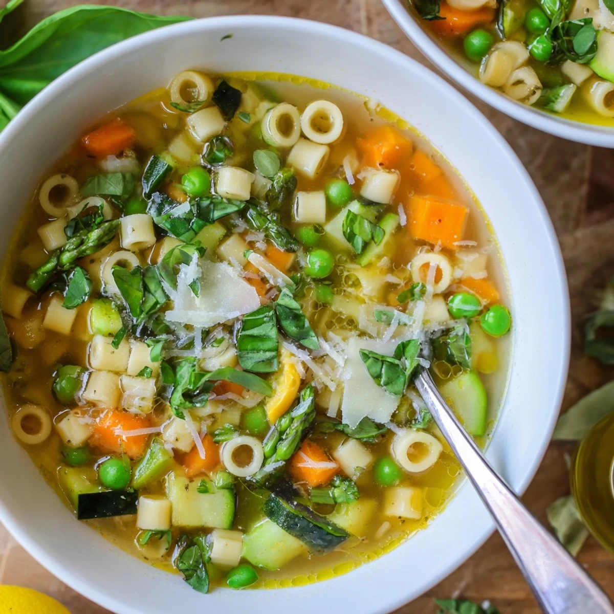Colorful spring minestrone soup bowl featuring tender pasta, fresh asparagus, peas, and bright green spinach in light broth