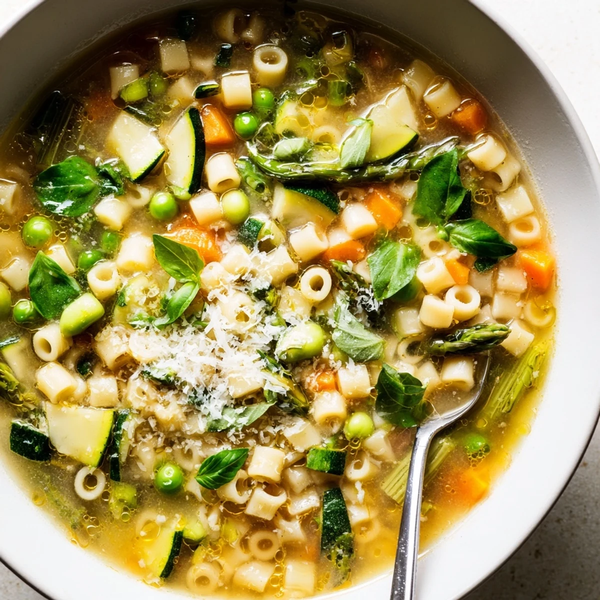 Vibrant Italian spring minestrone soup filled with baby spinach, sweet peas, and tender vegetables in a white serving bowl