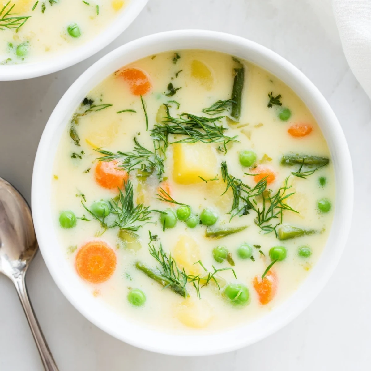 Creamy spring vegetable soup in white bowl topped with fresh green herbs