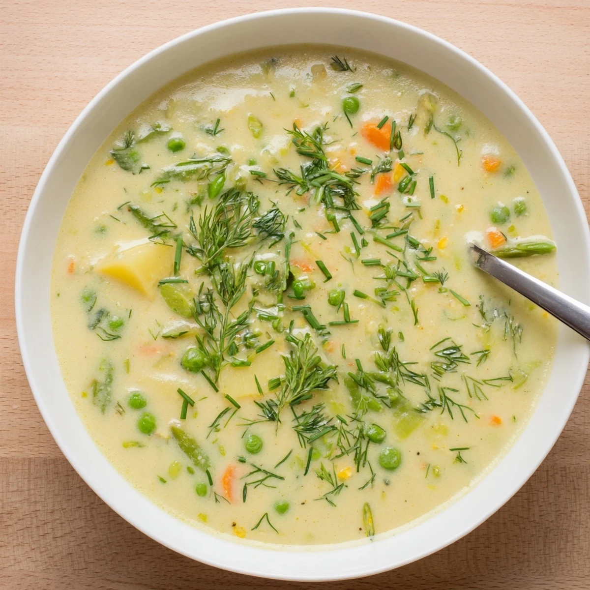 Bowl of blended creamy spring vegetable soup with crusty bread on side