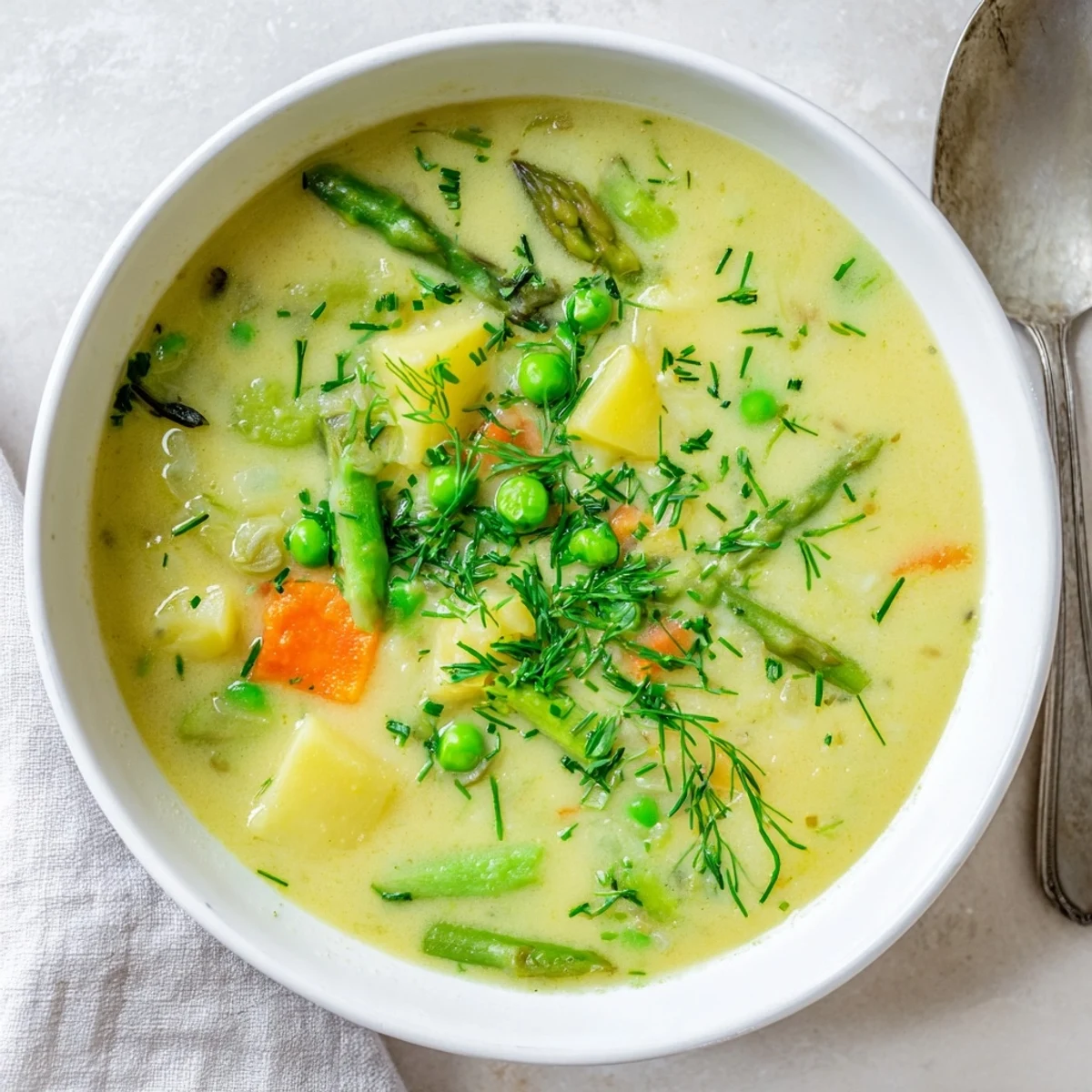 Velvety smooth soup with asparagus and peas garnished with chopped dill