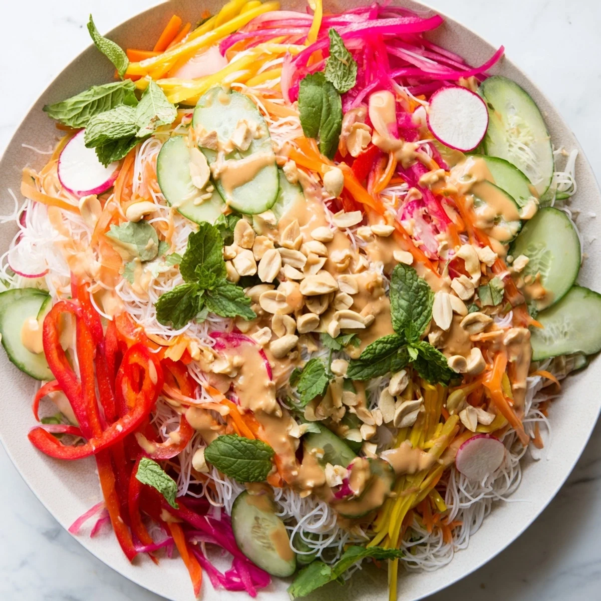 Garden-fresh spring roll salad with peanut dressing tossed with rice noodles and crunchy roasted peanuts