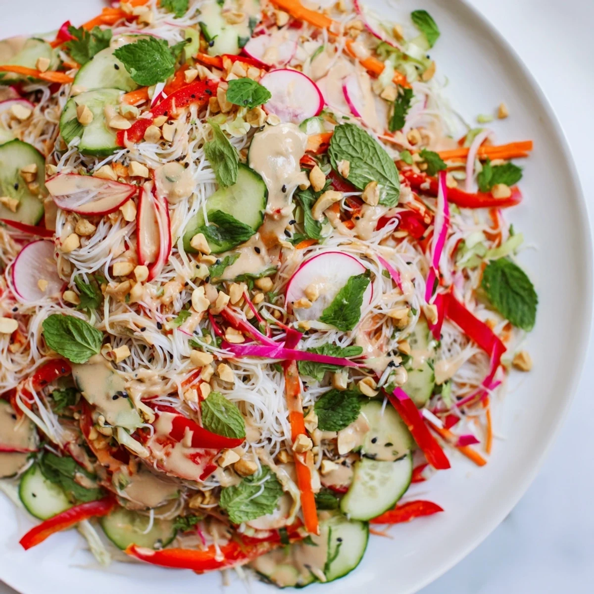 Colorful spring roll salad with peanut dressing featuring crisp julienned vegetables and fresh herbs