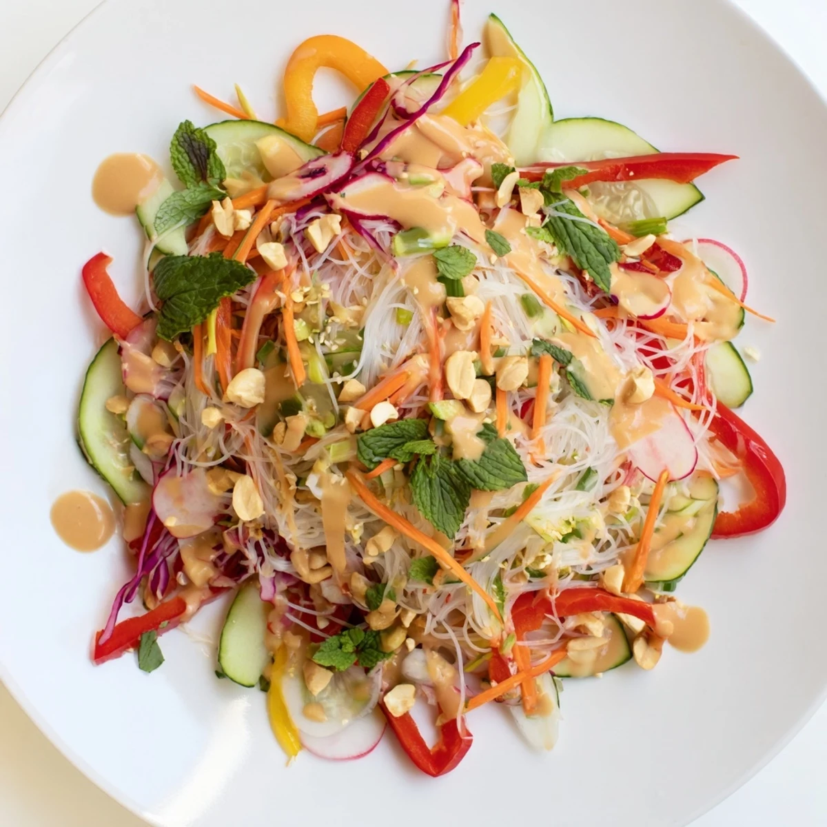 Vietnamese-inspired spring roll salad with peanut dressing showcasing vibrant red cabbage and butter lettuce cups