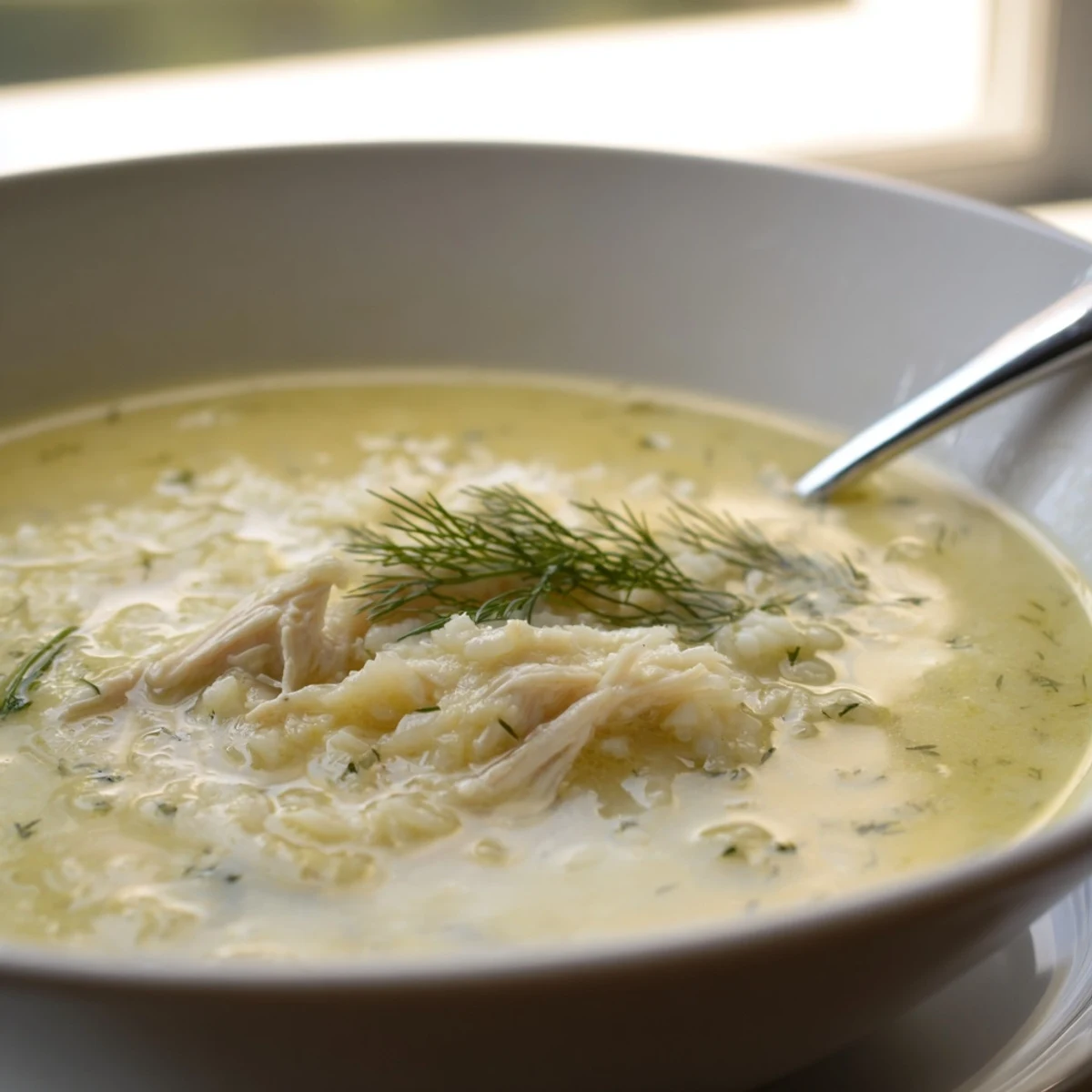 Creamy avgolemono Greek lemon chicken soup featuring tender shredded chicken and fluffy rice in a bright golden broth