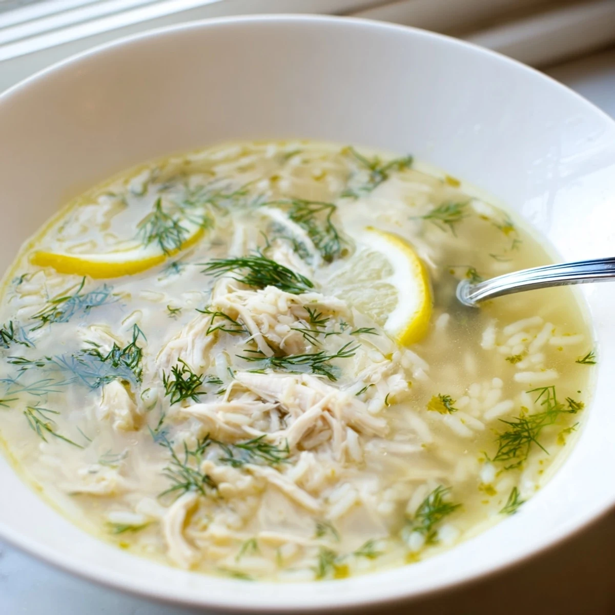 Steaming bowl of avgolemono Greek lemon chicken soup garnished with fresh dill and served with crusty bread