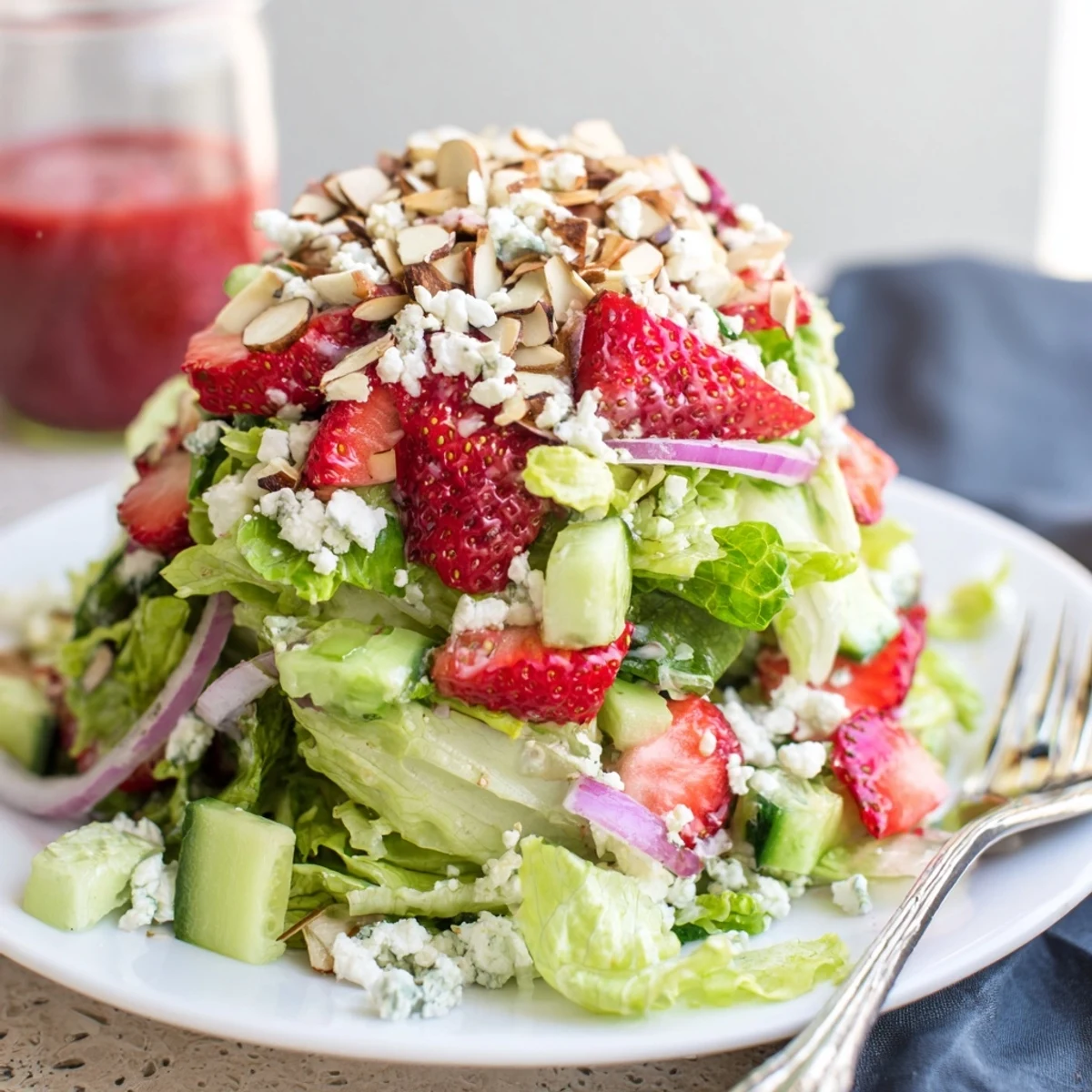 Vibrant crunchy strawberry romaine feta salad topped with toasted almonds and fresh strawberries in a white bowl