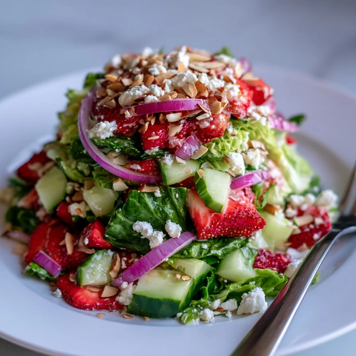 Fresh crunchy strawberry romaine feta salad with crisp lettuce, juicy berries, and creamy feta on rustic wooden table