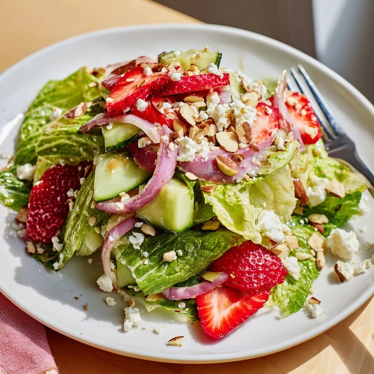 Colorful bowl of crunchy strawberry romaine feta salad featuring sliced strawberries, red onion, and golden toasted almonds