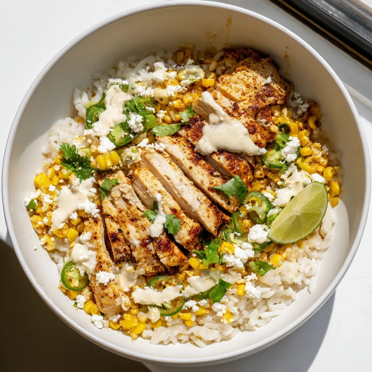 Vibrant street corn chicken rice bowl topped with zesty crema, crumbled cotija, and fresh cilantro