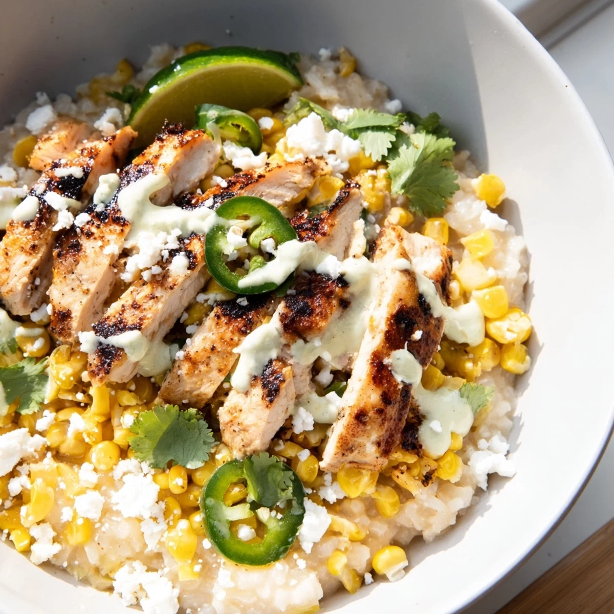 Colorful bowl featuring seasoned chicken, charred corn kernels, and creamy drizzle over a bed of rice