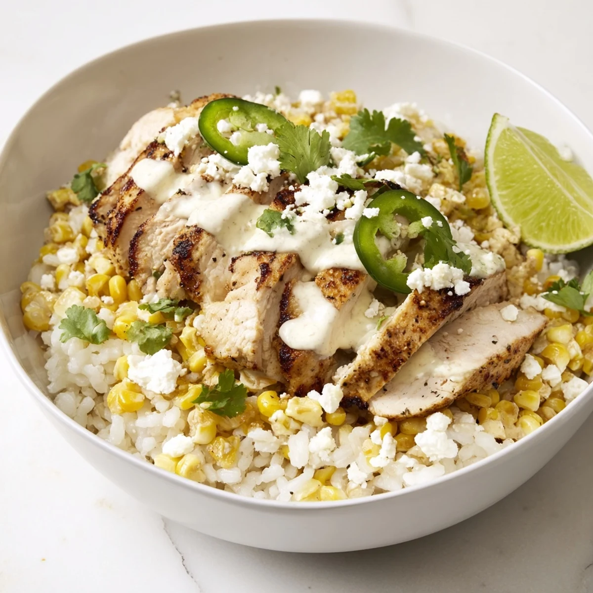 Sliced grilled chicken served over fluffy white rice with smoky street corn and tangy lime crema
