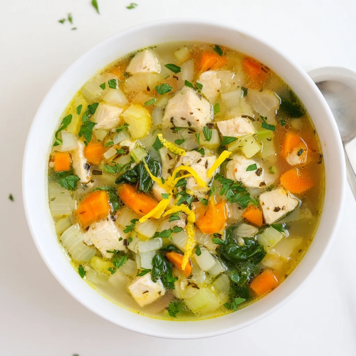 Golden bowl of Mediterranean lemon herb chicken soup with fresh spinach and tender vegetables