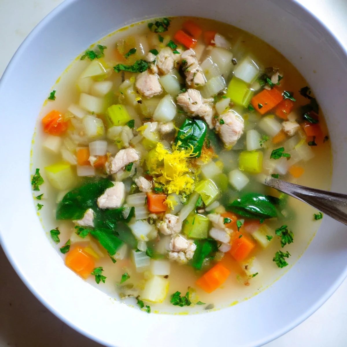 Steam rising from rustic soup pot filled with zesty lemon herb chicken and colorful Mediterranean vegetables