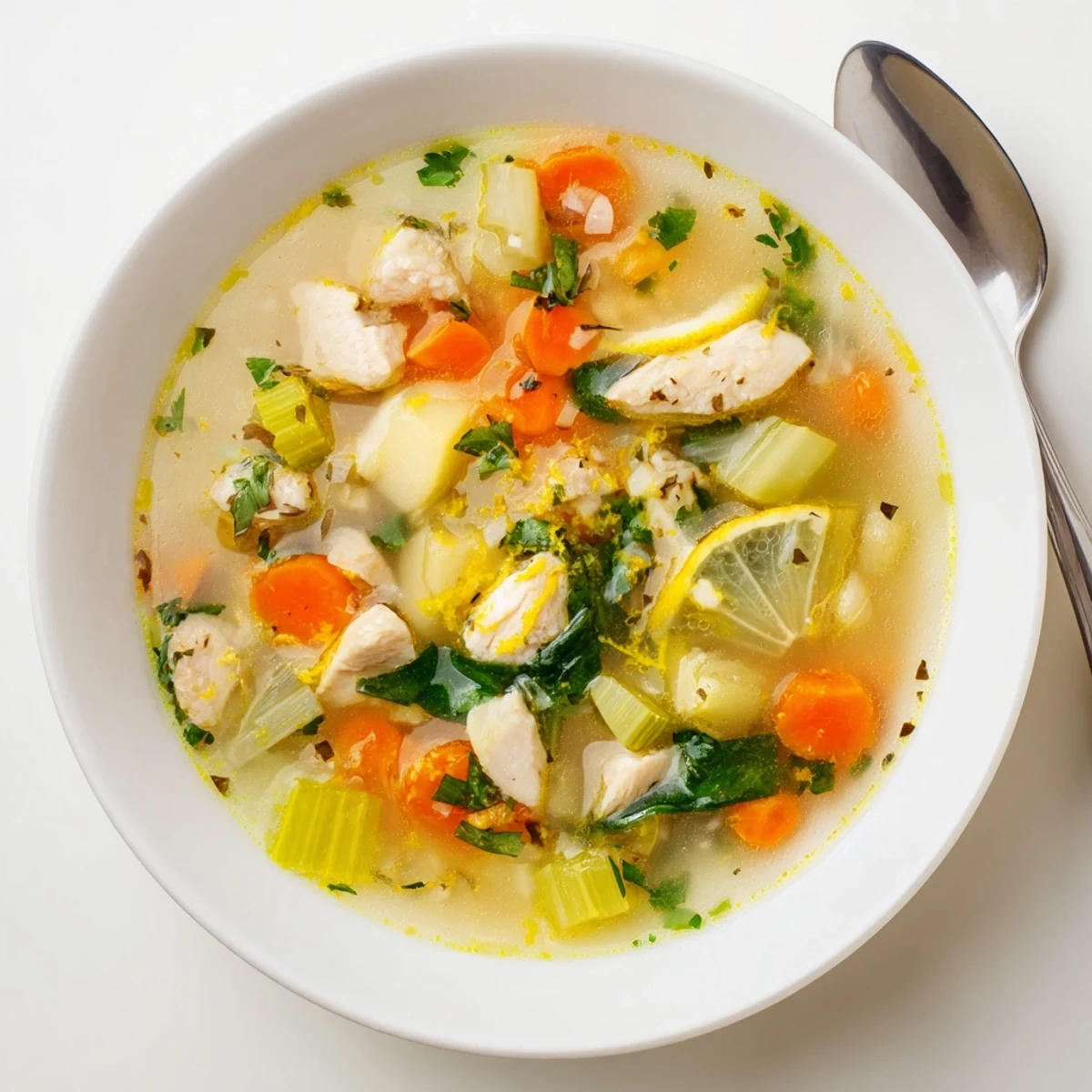 Creamy chicken soup bowl garnished with fresh parsley featuring bright Mediterranean lemon and herb flavors