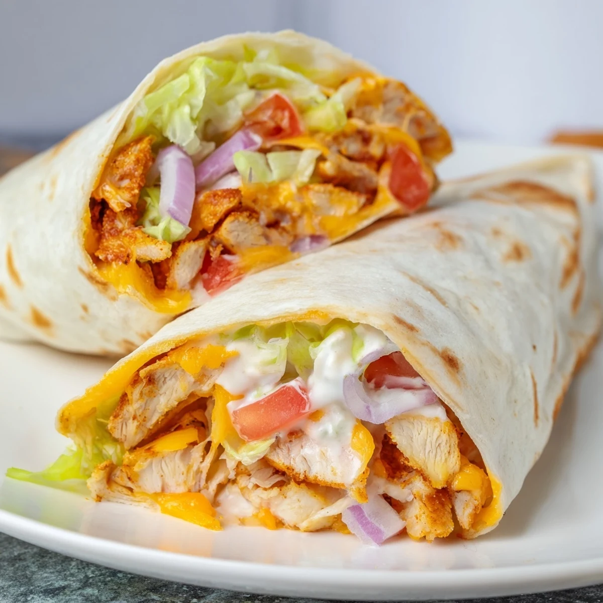 Golden chicken strips with melted mozzarella and cheddar rolled in soft flour tortillas with crisp vegetables