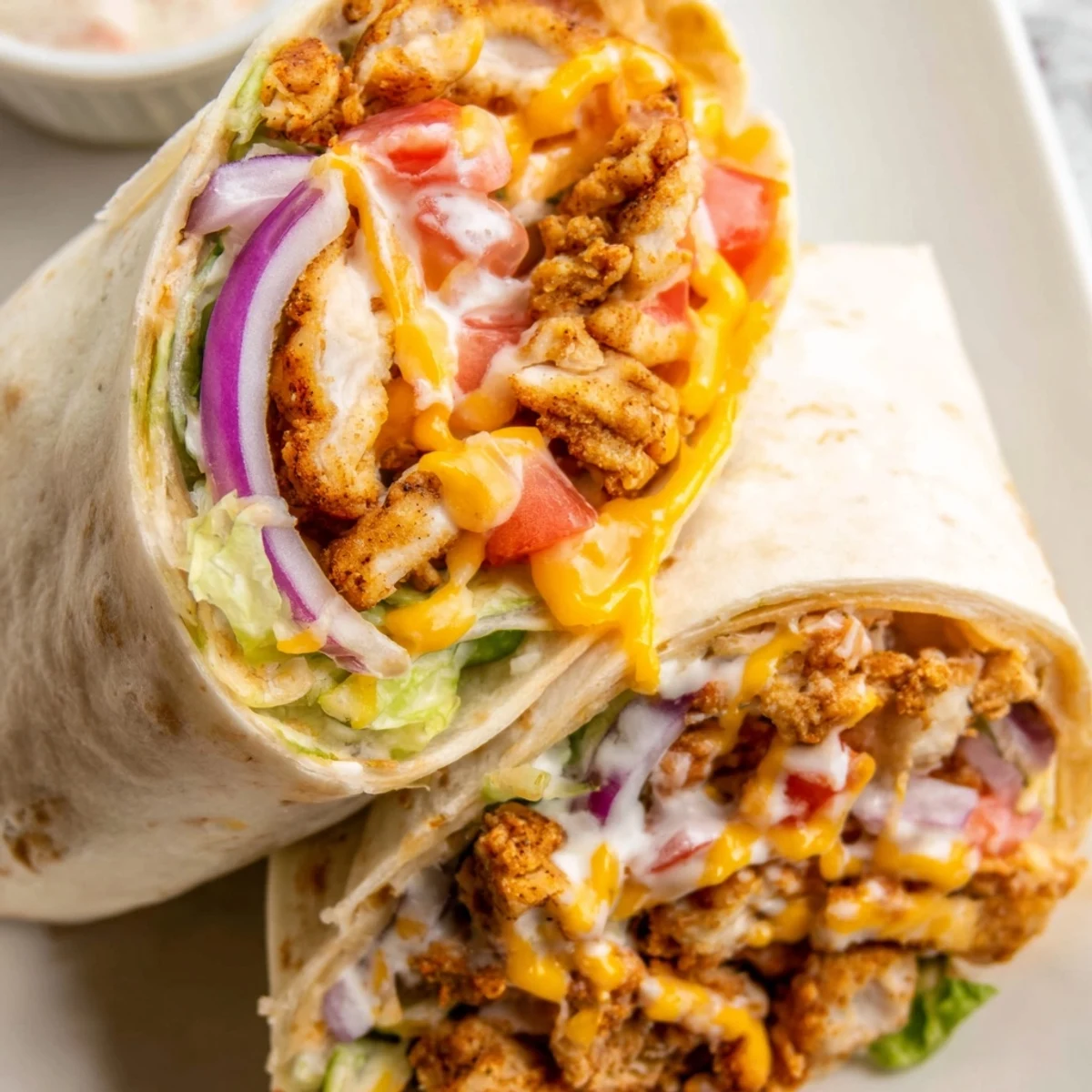 Hot cheesy garlic chicken wraps on a wooden board with fresh red onion and creamy herb sauce