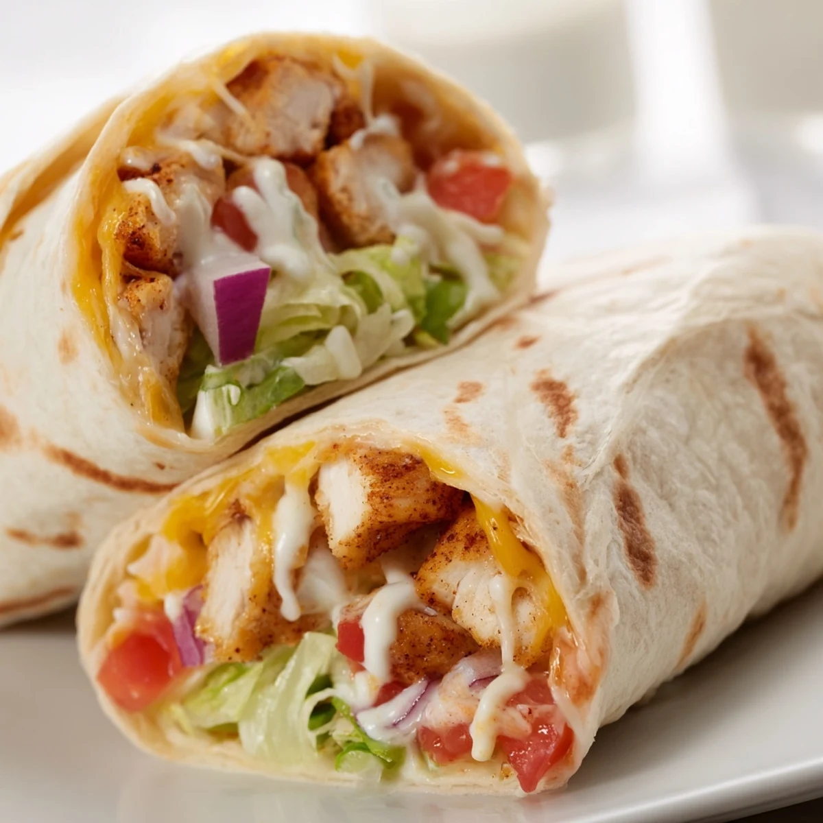 Savory cheesy garlic chicken wraps sliced in half revealing layers of lettuce tomato and melted cheese