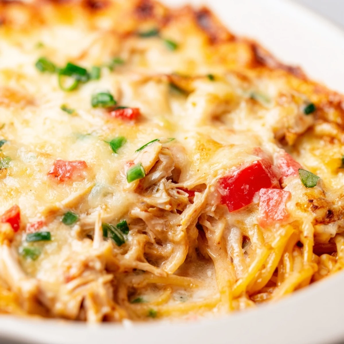 Golden Monterey Chicken Spaghetti casserole with bubbling cheese sauce and tender shredded chicken