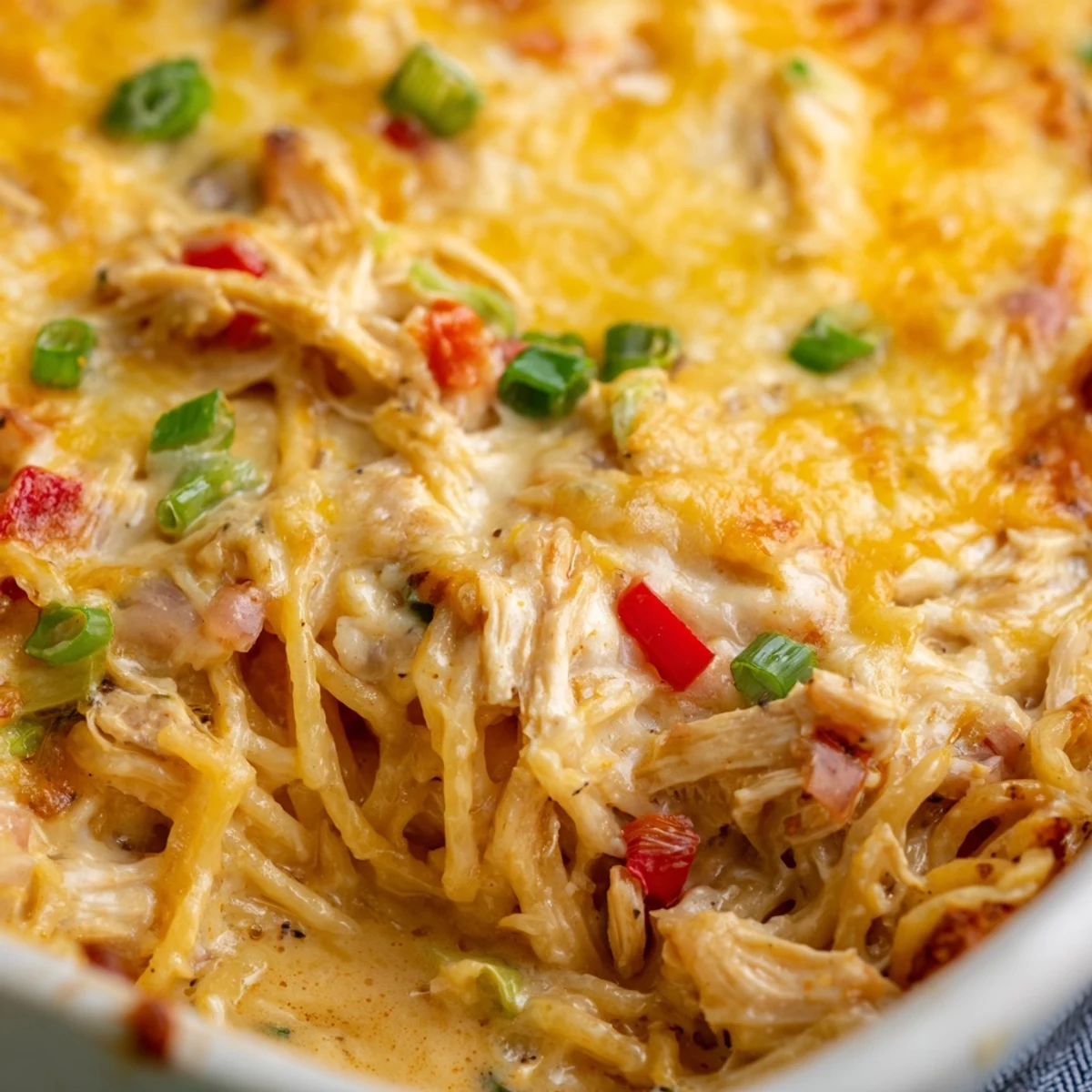 Creamy Monterey Jack cheese glazed spaghetti baked with chicken and colorful bell peppers
