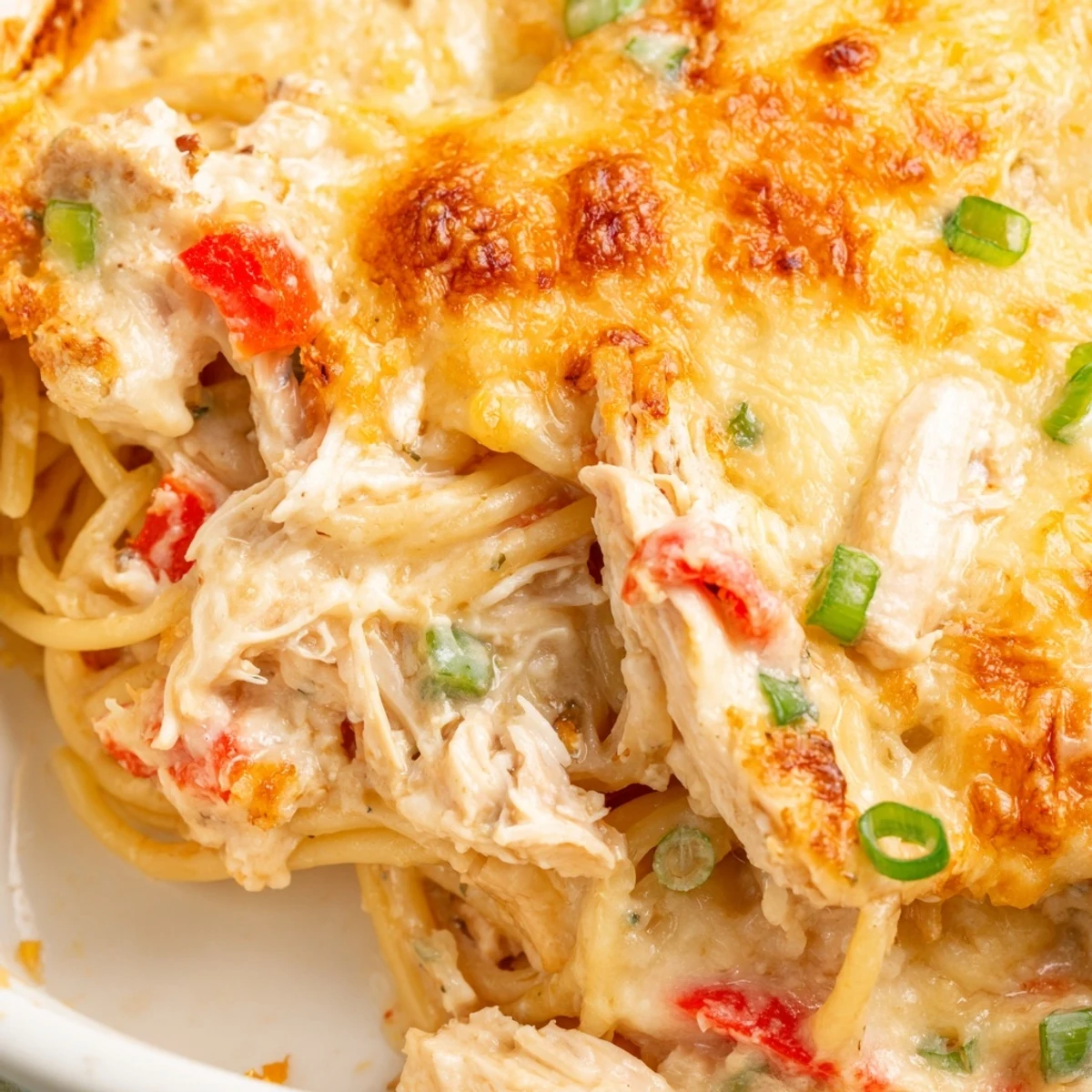 Heaping baking dish of Monterey Chicken Spaghetti topped with melted cheese and fresh green onions