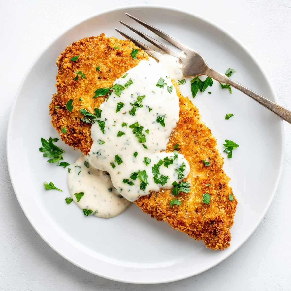 Crispy baked chicken with Parmesan coating topped with velvety white garlic sauce and fresh parsley