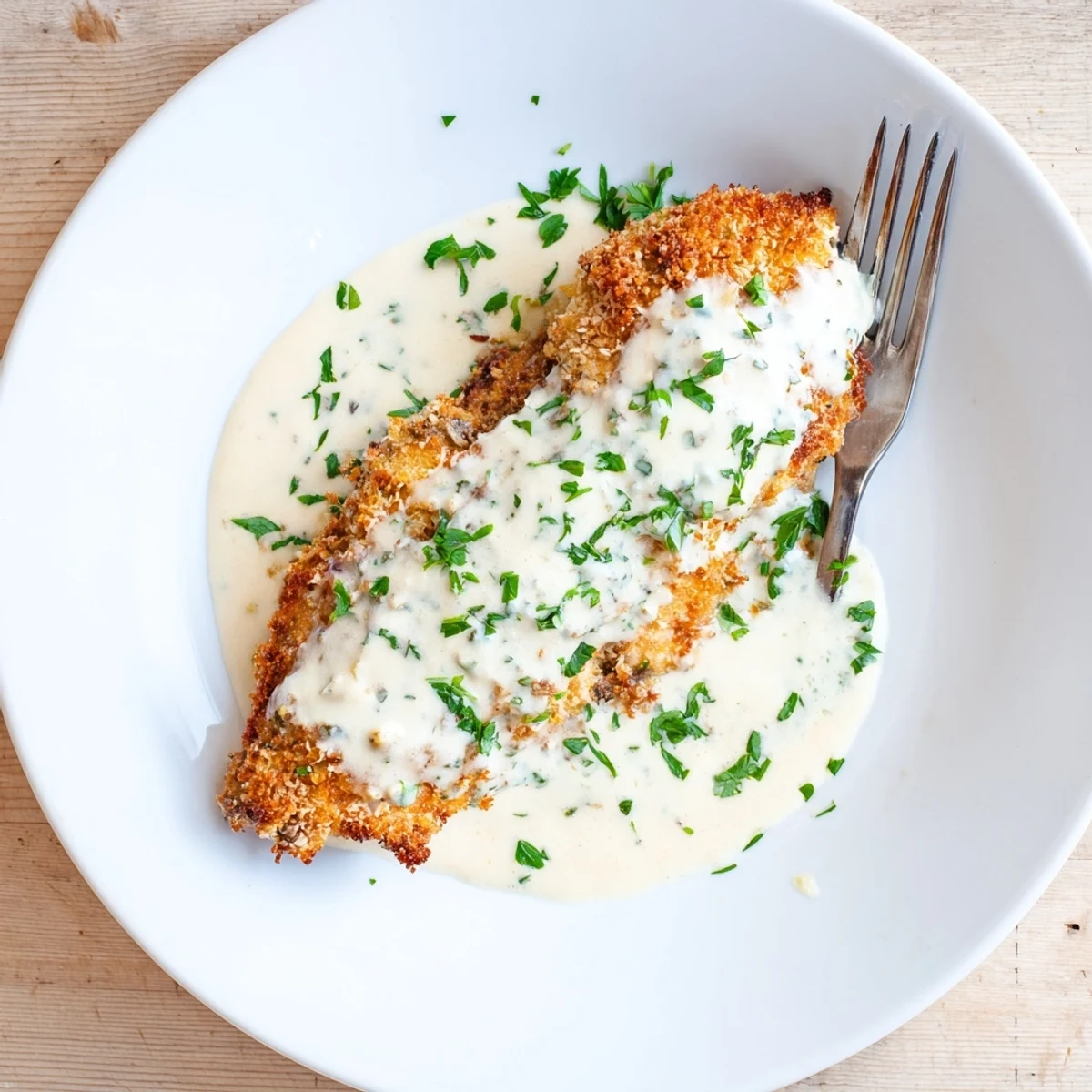 Juicy pan-seared chicken breasts in golden breadcrumb crust served with homemade creamy Parmesan garlic sauce