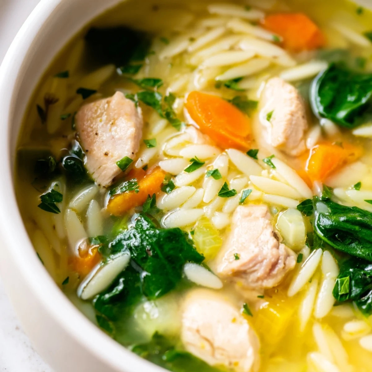 Creamy spring lemon chicken orzo soup with tender chunks of chicken and colorful vegetables in a bright lemony broth