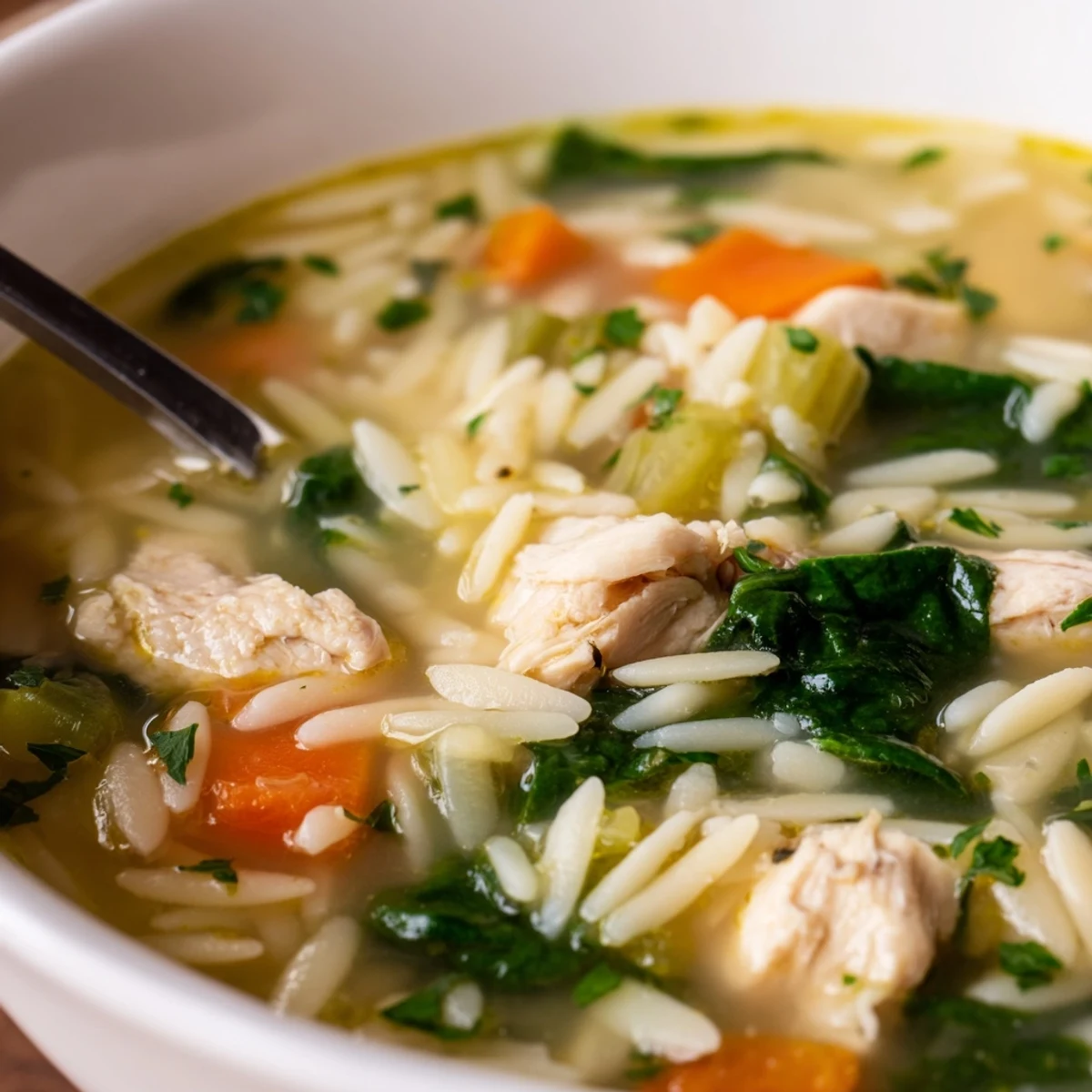 Steaming bowl of spring lemon chicken orzo soup garnished with fresh parsley and grated parmesan cheese