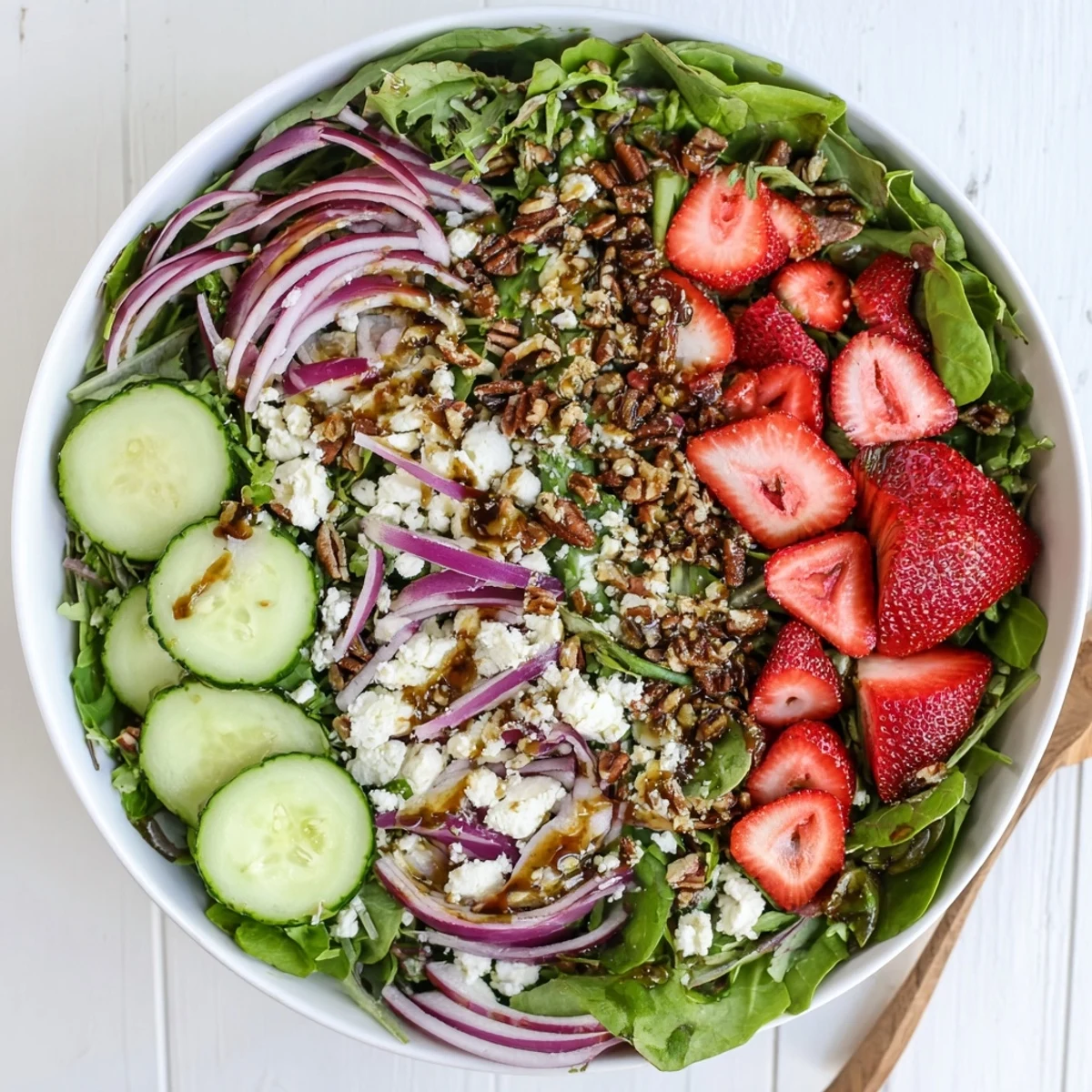 Fresh strawberry crunch salad bowl topped with toasted nuts and crispy fried onions