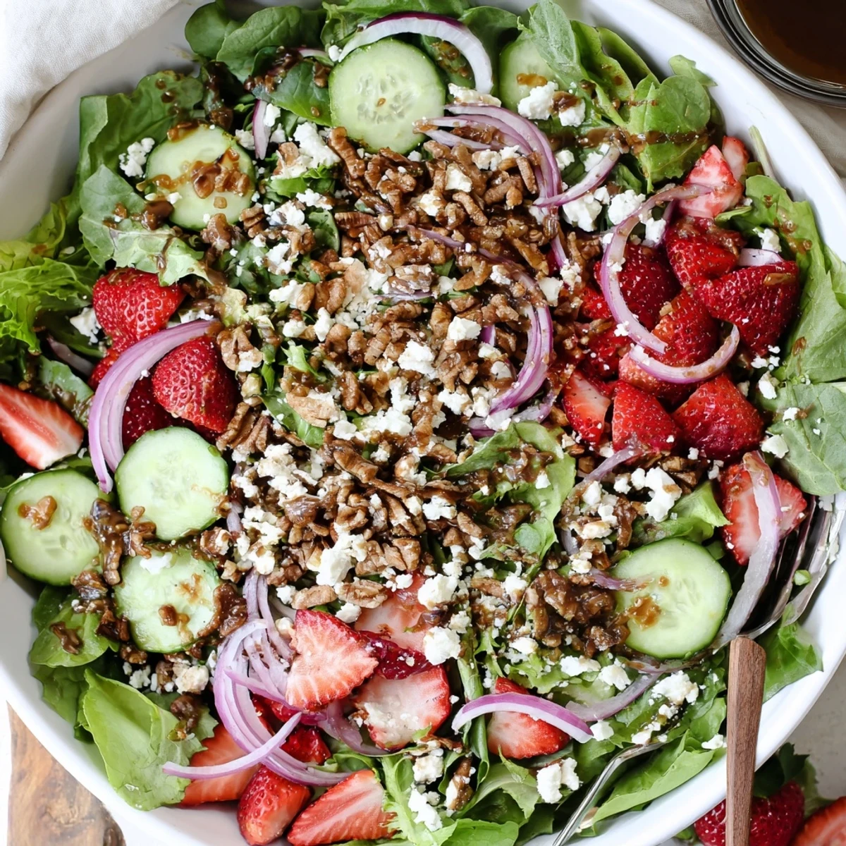 Colorful strawberry crunch salad plate with sliced strawberries, cucumber, and crunchy pecan garnish