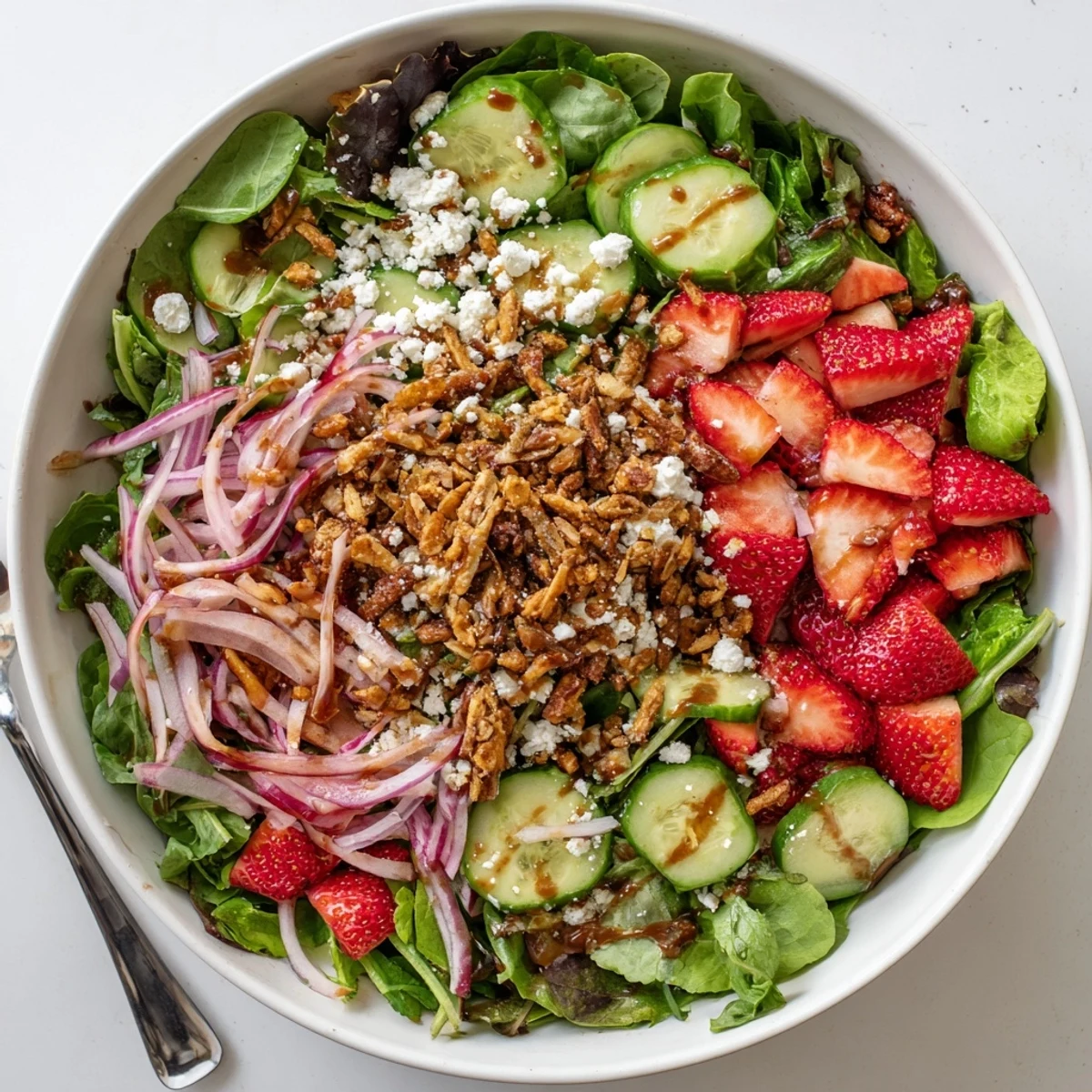 Vibrant summer strawberry crunch salad with mixed greens, feta cheese, and honey balsamic dressing