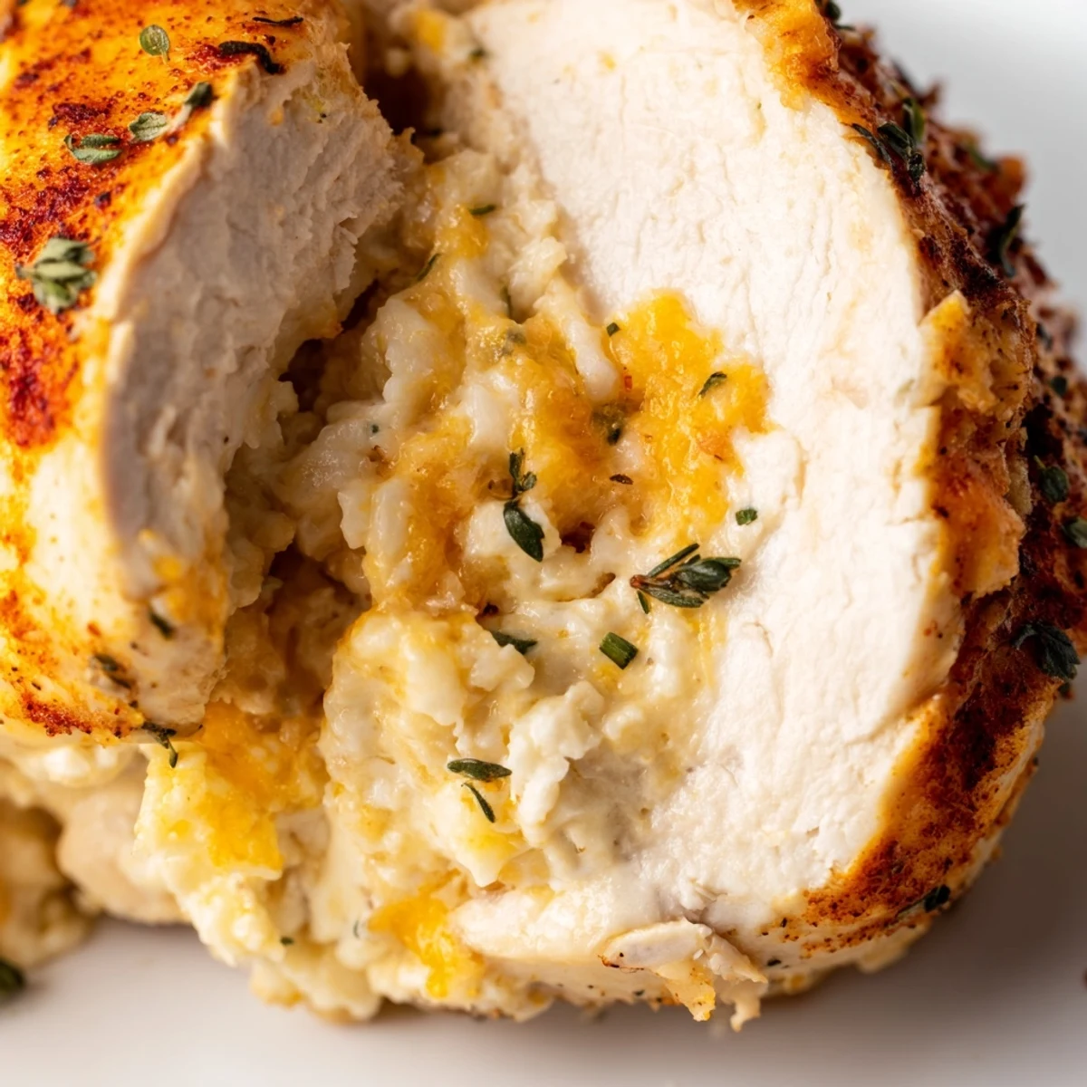 Golden brown Ruths Chris stuffed chicken breast oozing with melted three-cheese herb filling