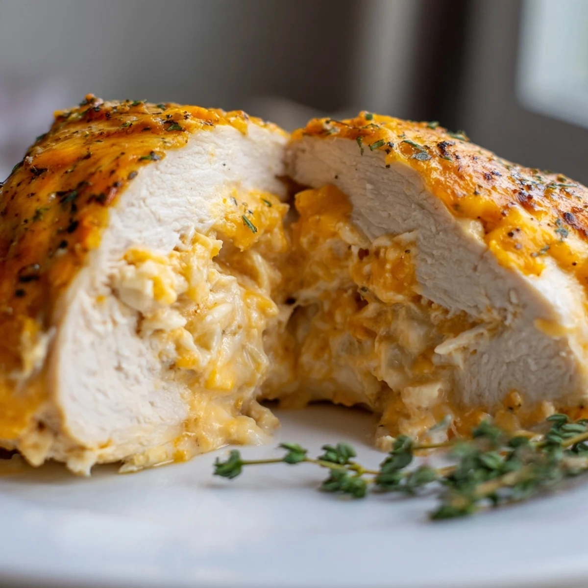 Restaurant-style Ruths Chris stuffed chicken breast sliced open revealing creamy mozzarella cheddar center