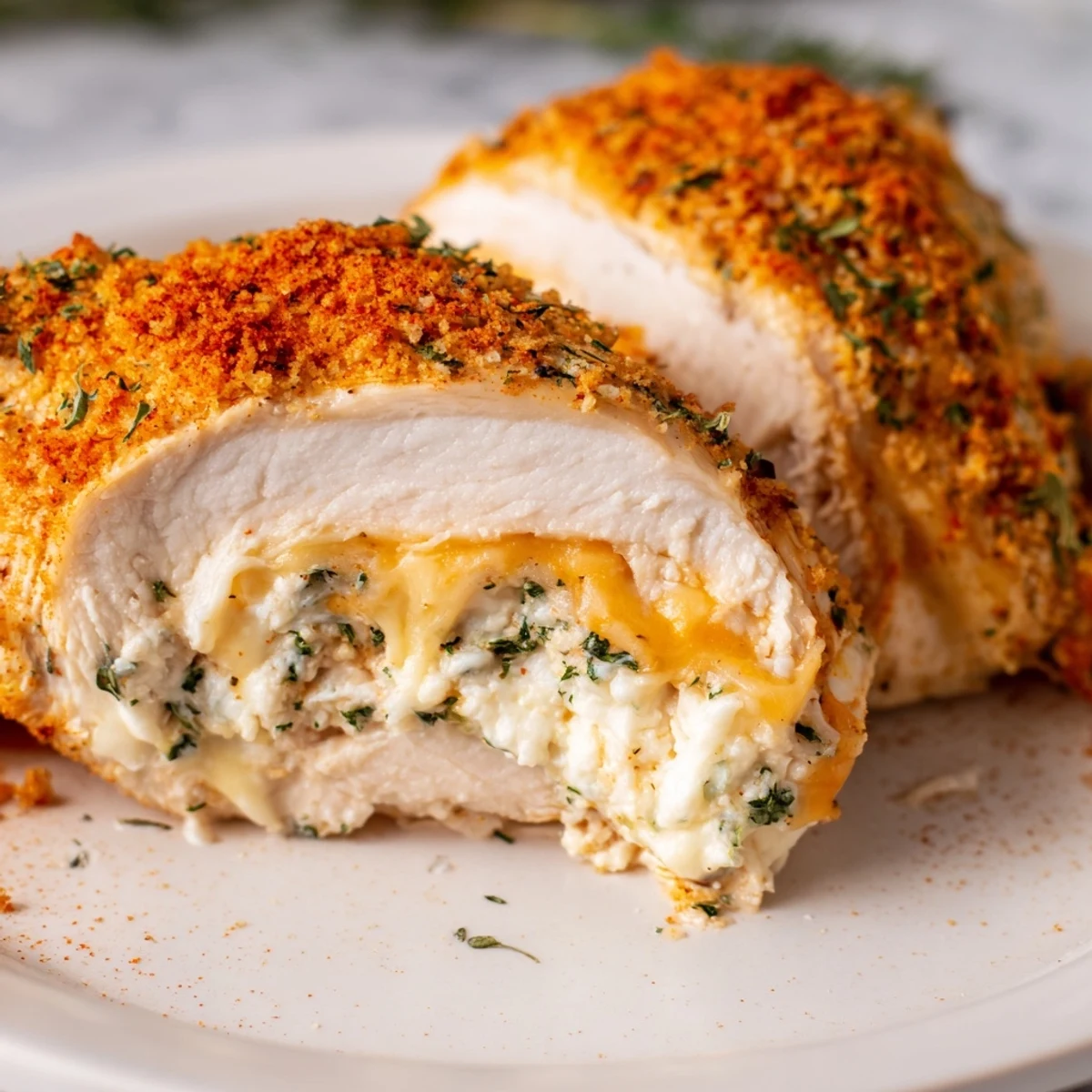 Juicy Ruths Chris stuffed chicken breast plated with fresh parsley garnish on white dish