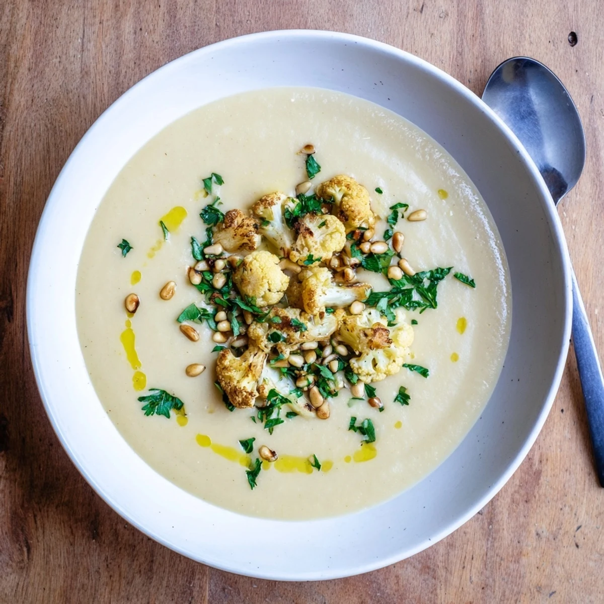 Creamy Mediterranean cauliflower soup topped with fresh parsley and toasted pine nuts in a white bowl